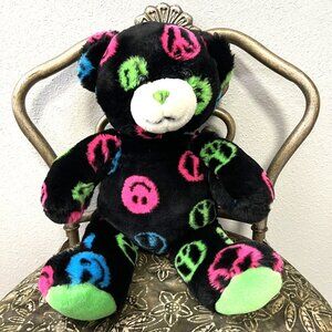 BUILD-A-BEAR Peace Teddy Bear Plush Black Pink Peace Signs 14” 2010 Stuffed Toy